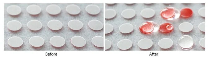 Image of the Water Sensitive Indicator, showing how it changes color when it encounters water.