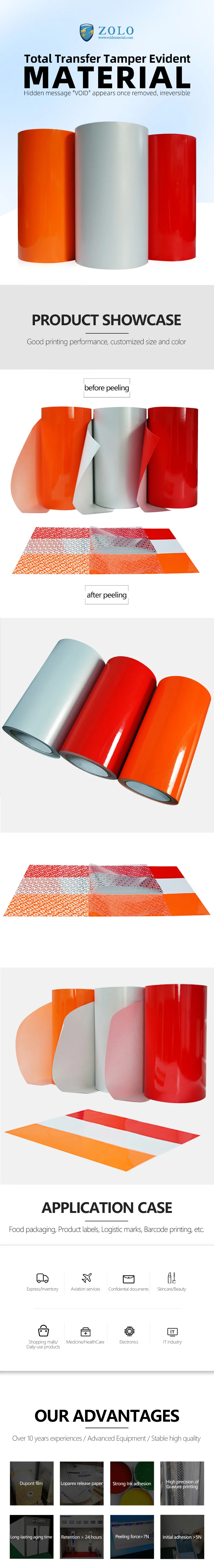 Total Transfer VOID Material tape image, display  it how to anti-counterfeiting, usually use for food packaging, product labels, logistic marks, barcode printing, etc.