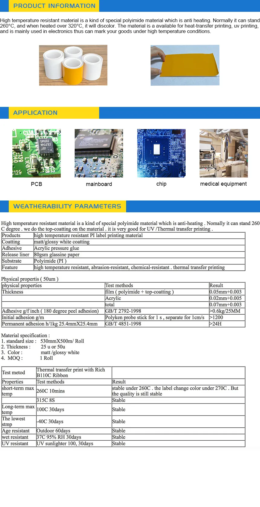 the picture of Polyimide Label, showcasing a durable, high-temperature-resistant label with a white, green, or blue surface, suitable for thermal transfer printing. The label is applied on a printed circuit board (PCB), highlighting its use in electronics, aerospace, or industrial applications, with text or icons indicating resistance to temperatures above 300°C, chemical durability, and permanent acrylic adhesive.